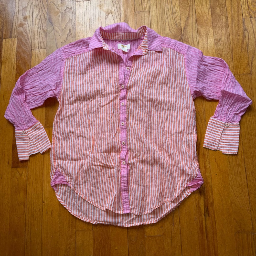 Maeve Anthropologie Pink Orange Striped‎ Seersucker Button Down Shirt XS Beachy